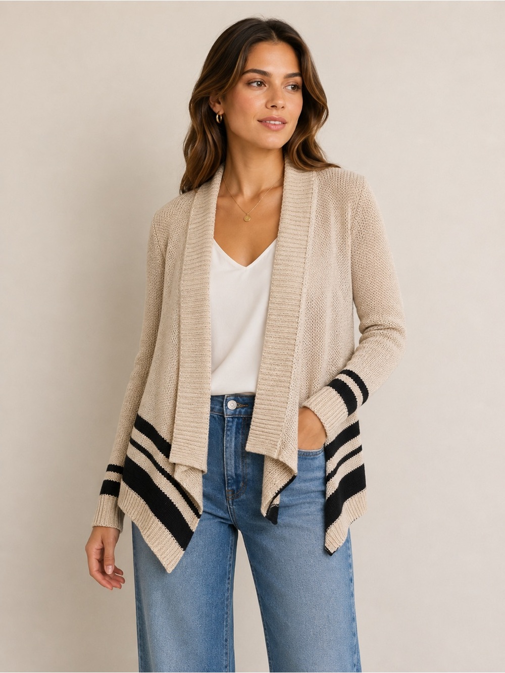 LOFT Oatmeal Linen Blend Open Front Draped Cardigan Black Stripe Sweater